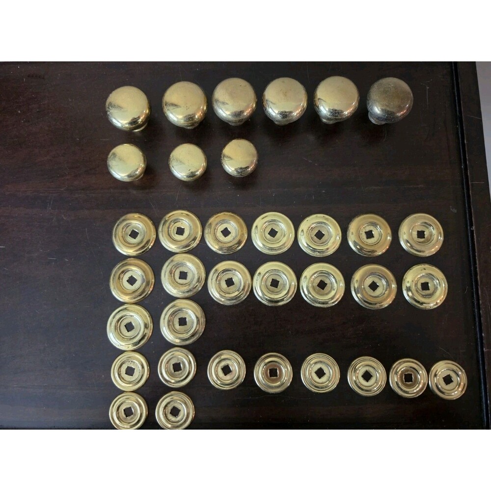 Huge Lot 24 Vintage Brass Spindle Rosette Washers & 9 Cabinet Knobs Repair Craft